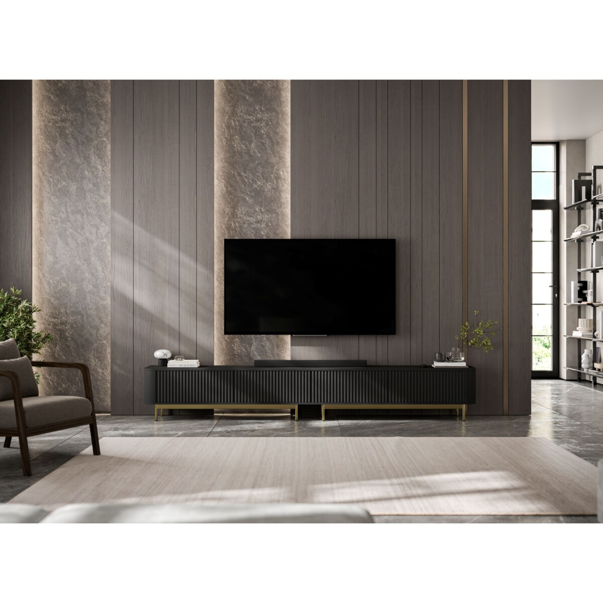 Szafka RTV Komoda RTV 280 cm Glamour Czarny Mat Złoty Stelaż
