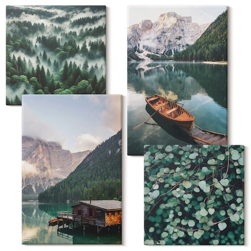 Zestaw 4 obrazów na płótnie - Górskie jezioro łódka mgła - zielony