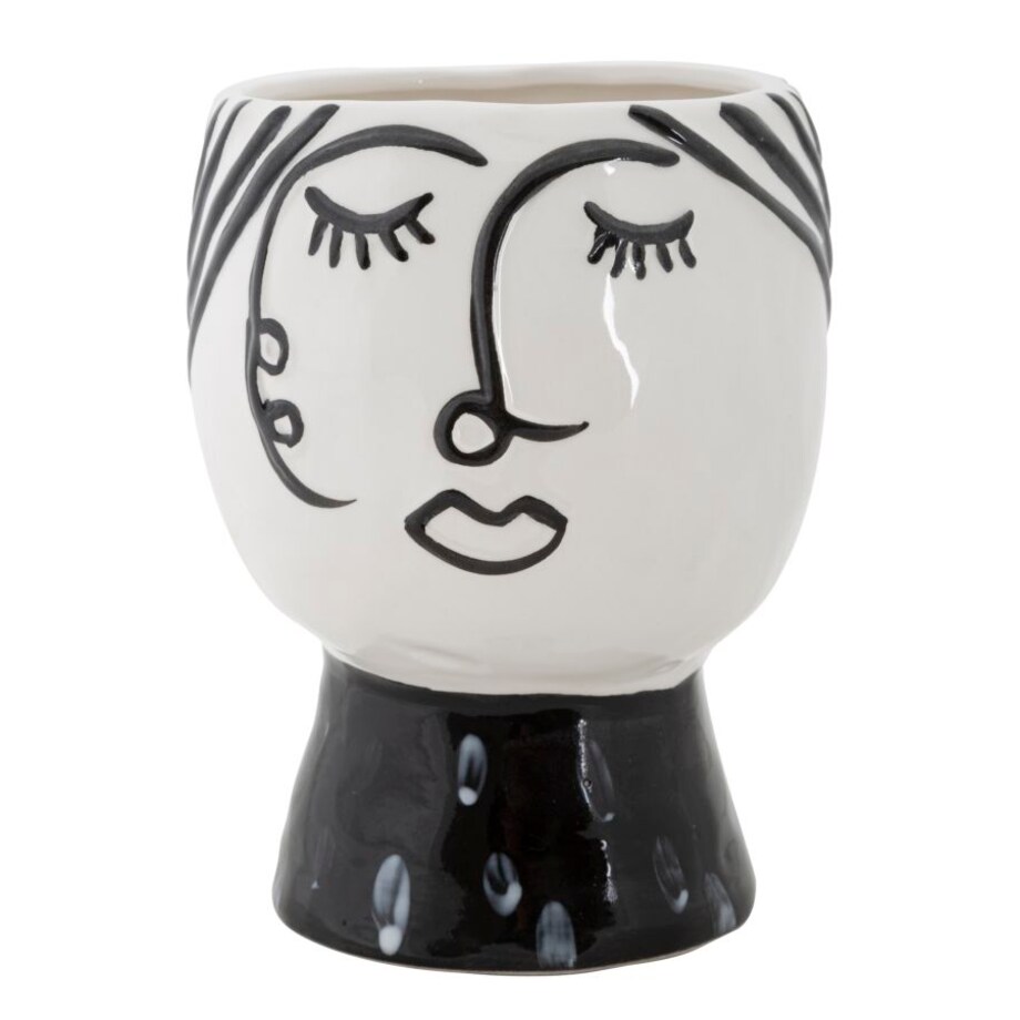 Osłonka dekoracyjna Face, kolor biały i czarny, porcelana, 14 x 14 x 18,2 cm, motyw: twarz, na doniczkę do salonu, Mauro Ferretti