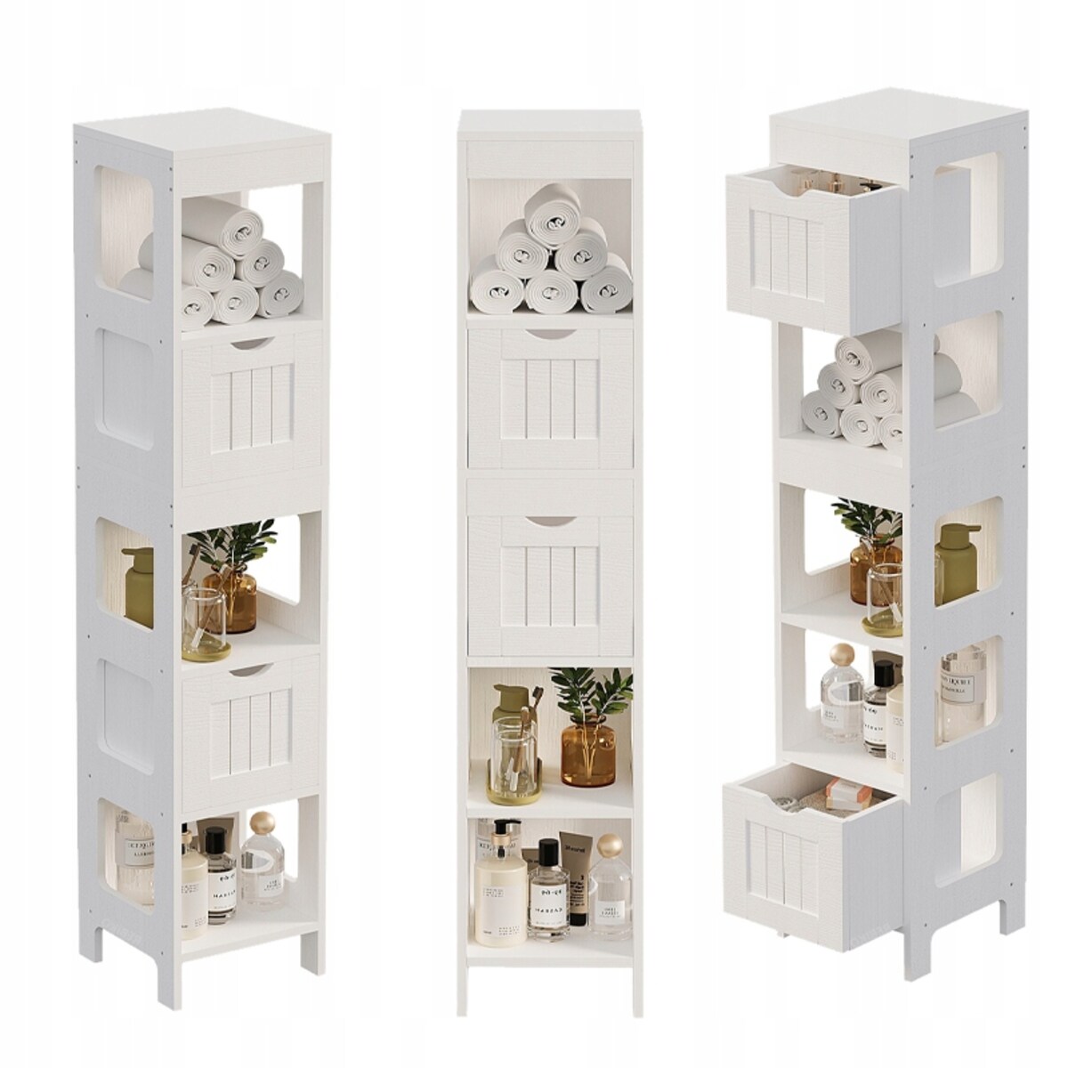 Szafka łazienkowa słupek szuflady biała wysoka półki nowoczesna loft 142 cm