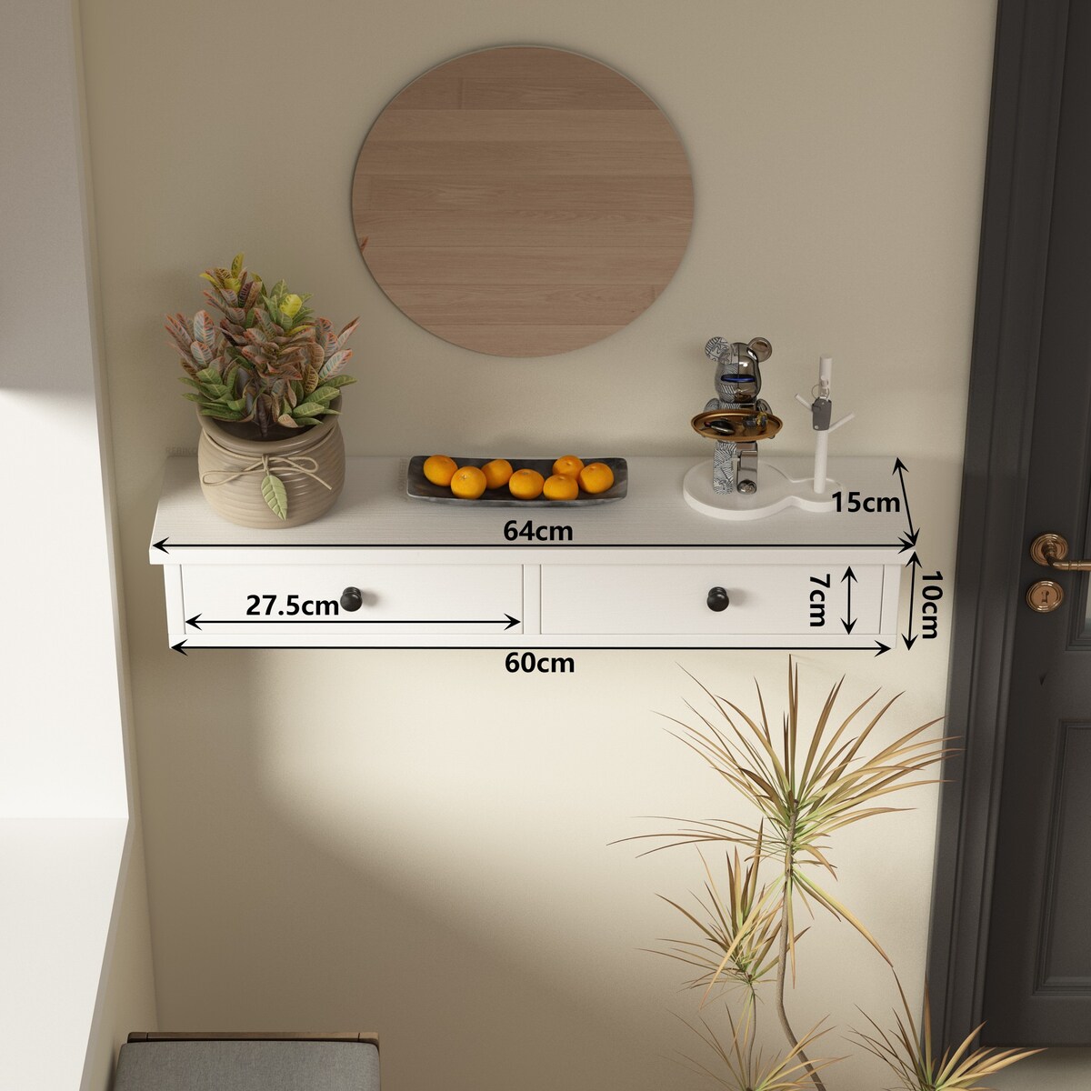 Półka wisząca z szufladami biała nowoczesna loft sypialnia ścienna 64 cm