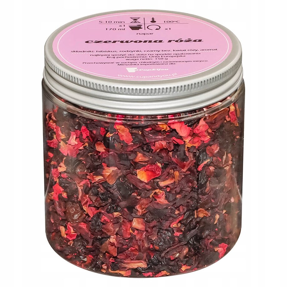 Herbata owocowa CZERWONA RÓŻA o delikatnie różanym smaku z nutą malin - herbata liściasta sypana mieszanka napar susz - gotowa na prezent upominek