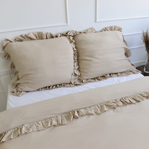 Pościel muślinowa z falbanką boho beż 180/200 + 2x70/80