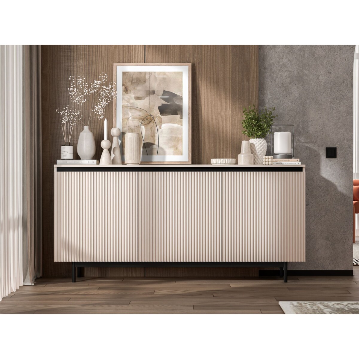 Komoda RTV Glamour 167 cm kaszmirowa matowa ryflowane fronty czarna rama