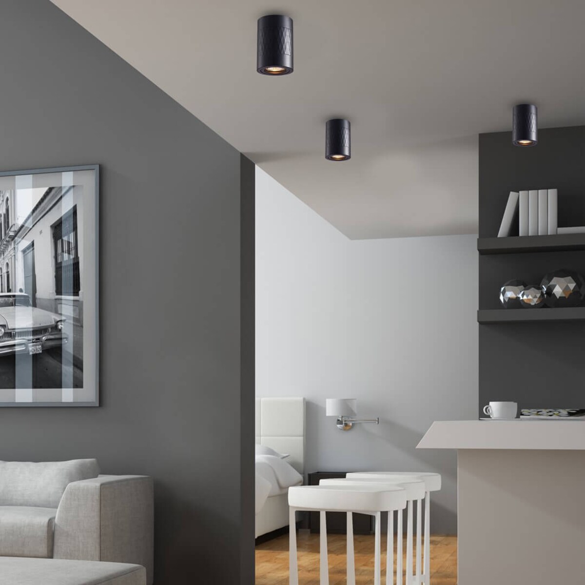 Okrągły downlight sufitowy Bima czarna tuba pokojowa wzorki