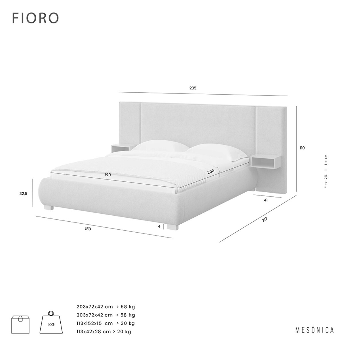 Mesonica Łóżko Fioro, szare, 140x200