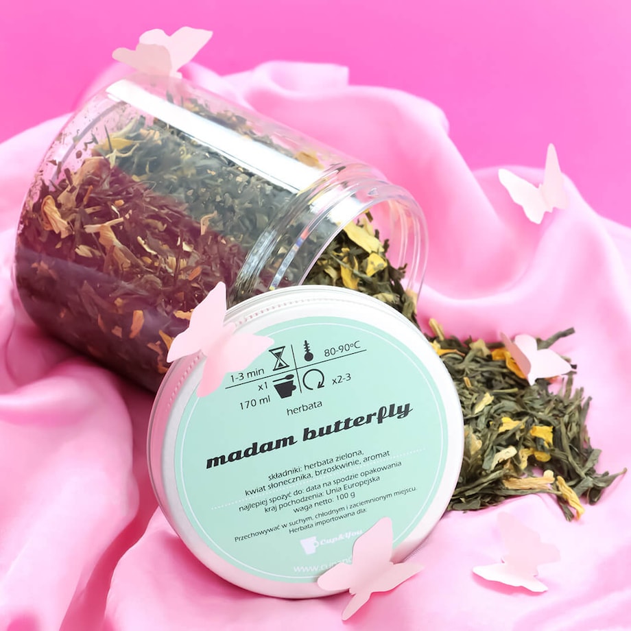 Herbata zielona MADAM BUTTERFLY premium brzoskwinie kwiat słonecznika 100g - herbata liściasta sypana mieszanka napar susz