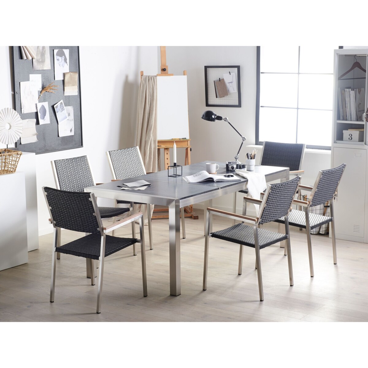 Zestaw ogrodowy stół granit palony dzielony blat czarny i 6 krzeseł rattanowych czarnych GROSSETO