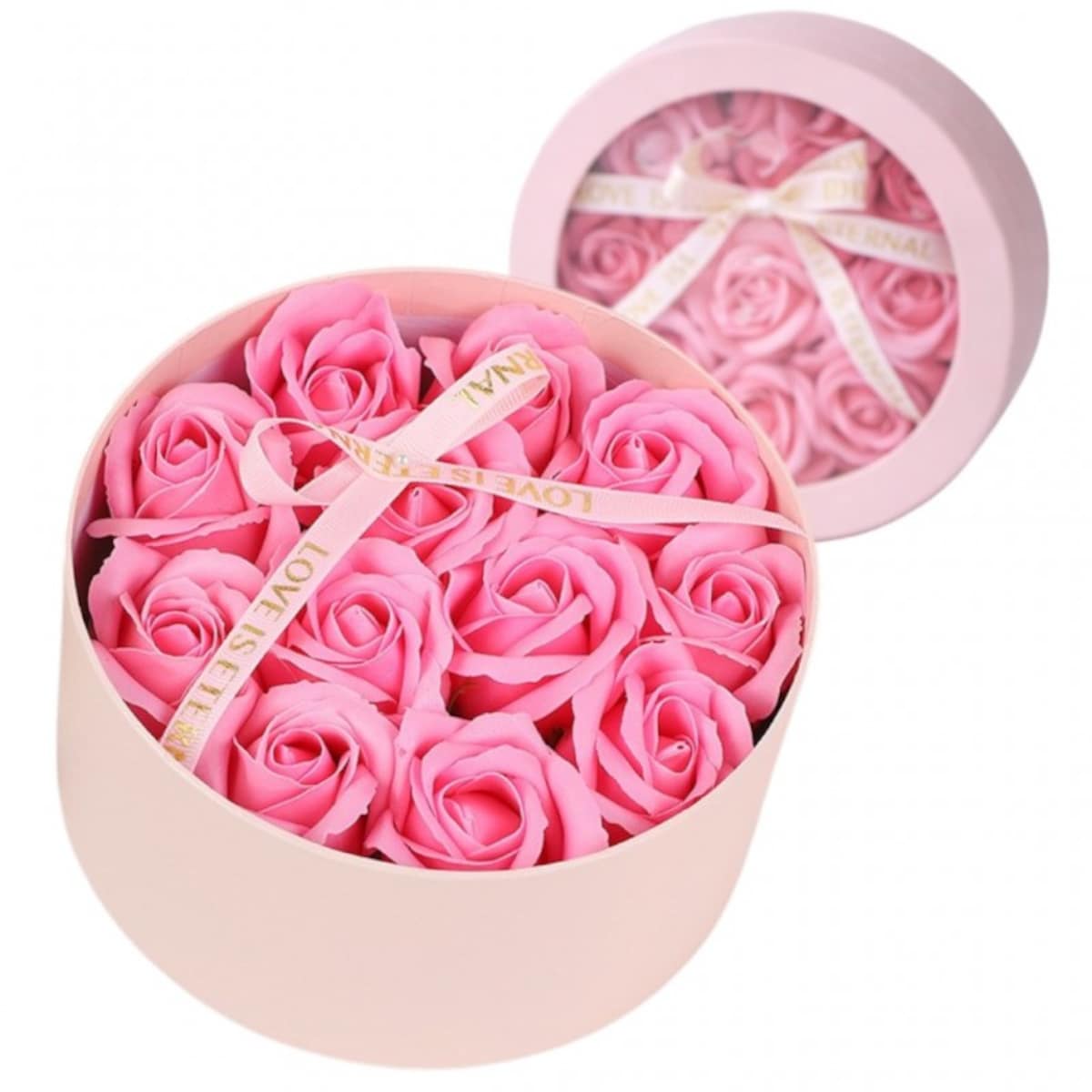 Bukiet zapachowych kwiatów mydlanych w ozdobnym pudełku, różowe róże BUK26R