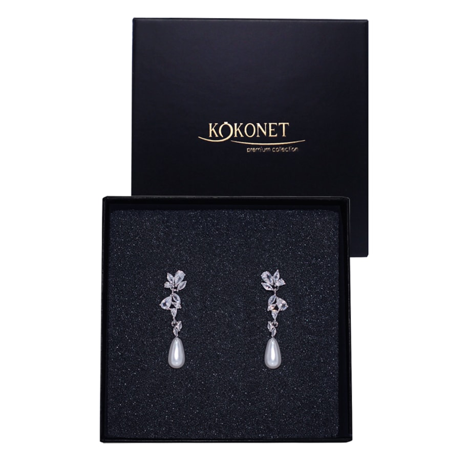 Kolczyki ślubne z wiszącą perłą srebrne na sztyft ślub rodowane błyszczące GLAM