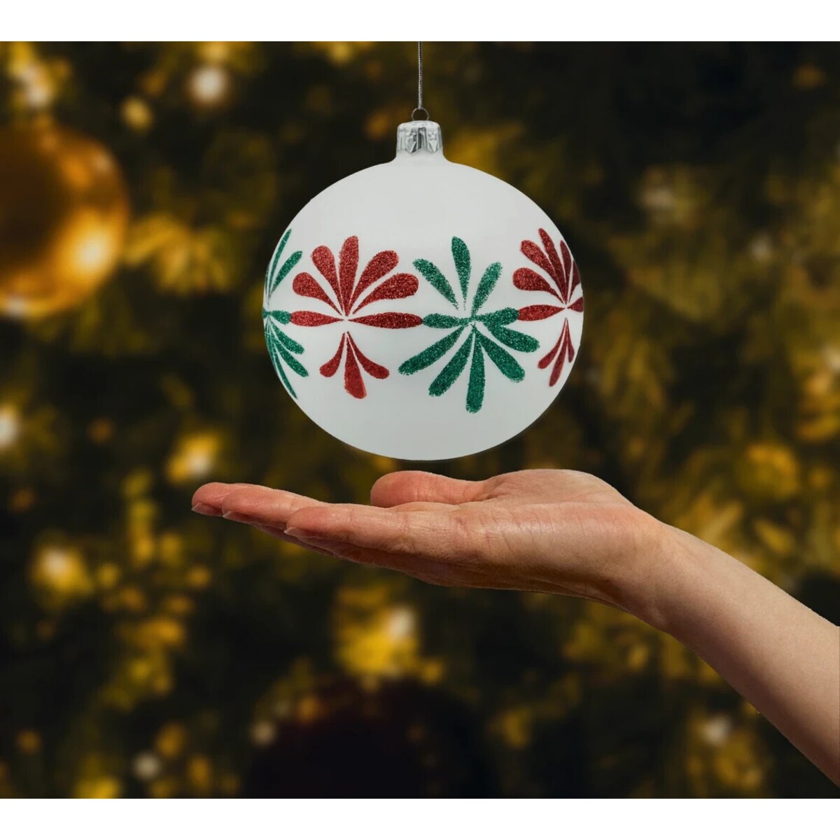 Bombki okrągłe: biała satyna z czerwono-zielonym brokatem