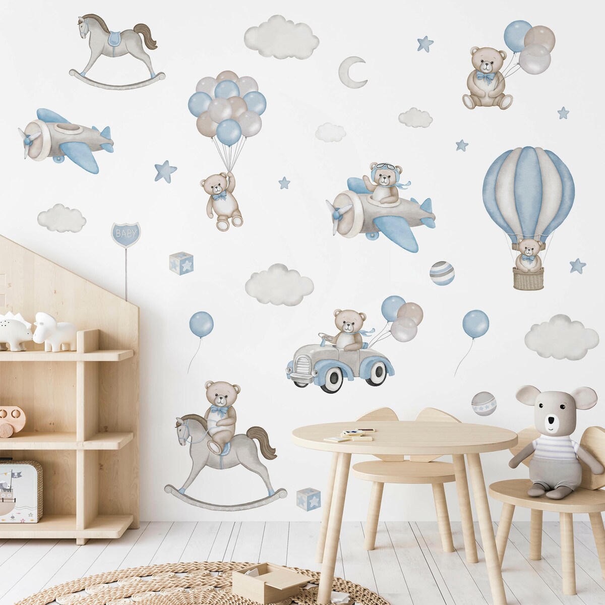 Naklejki Na Ścianę Dla Dzieci Misie Balony Chmurki Koń Na Biegunach Zestaw 120x60cm