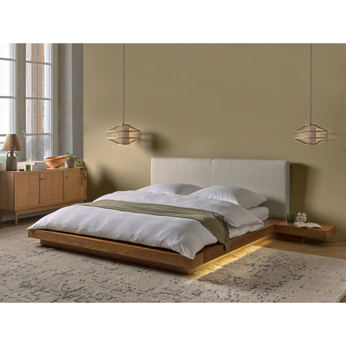 Łóżko LED Boucle ZEN 160 x 200 cm LED Jesion naturalny