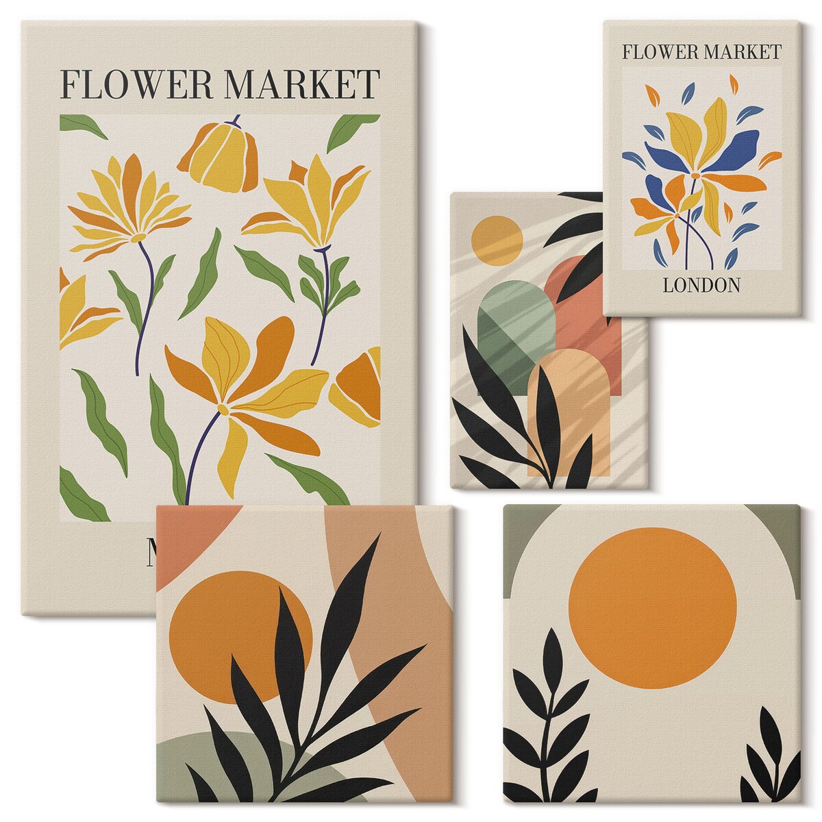 Zestaw 5 obrazów na płótnie - Kwiaty abstrakcyjne boho styl - pomarańczowy