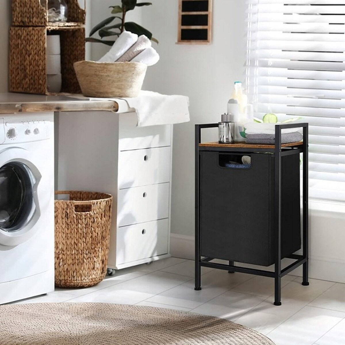 Kosz na pranie wolnostojący z półką industrialny loft drewniany retro 72 cm