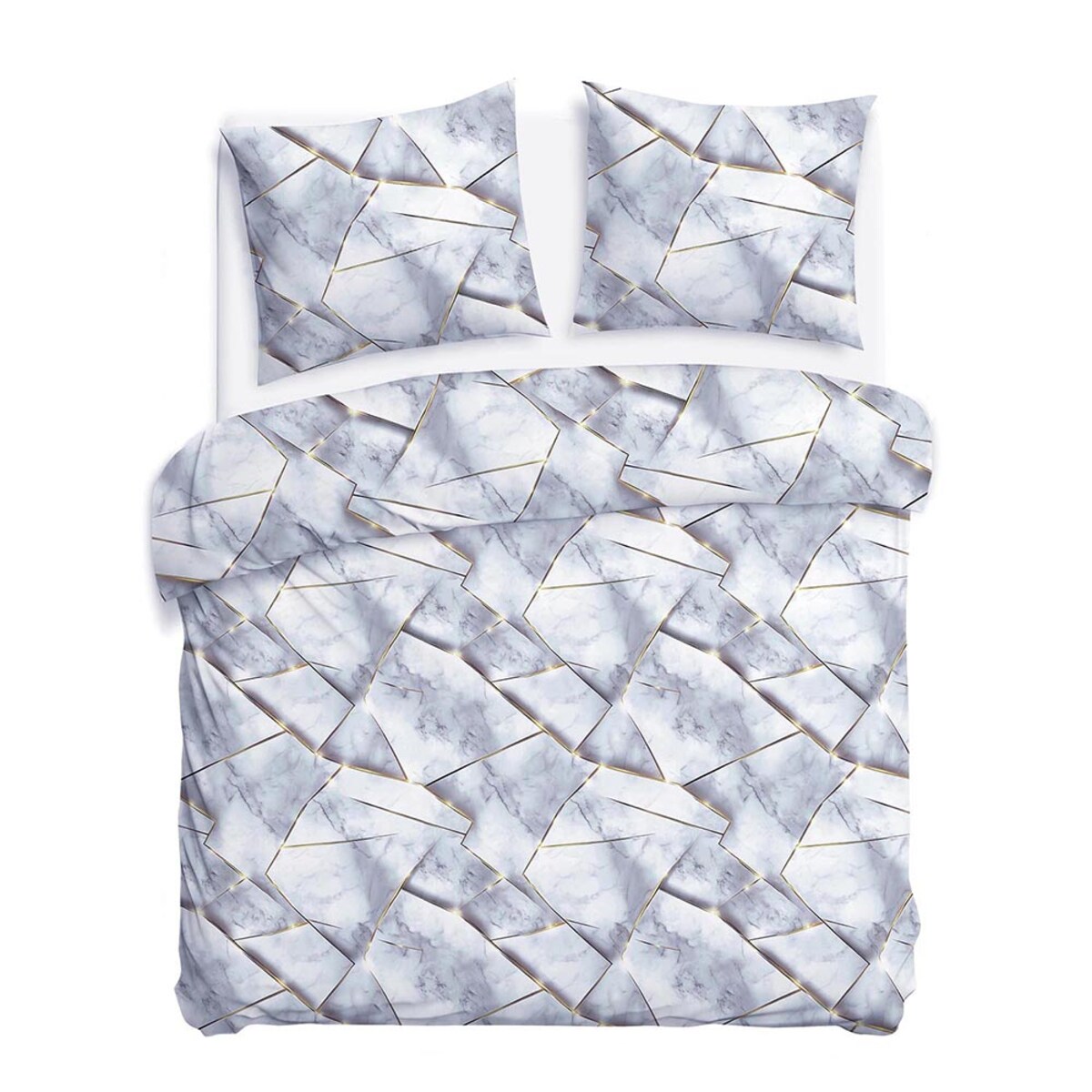 Pościel satyna bawełniana 180x200 Marbela marmur, biała i szara, złote detale, Satynlove