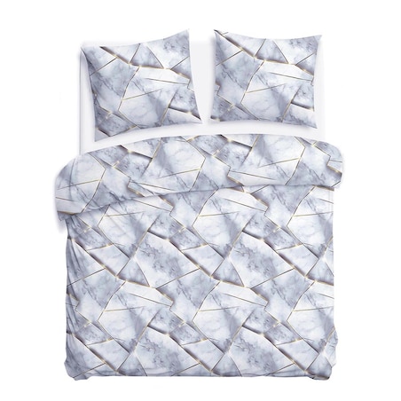 Pościel satyna bawełniana 180x200 Marbela marmur, biała i szara, złote detale, Satynlove