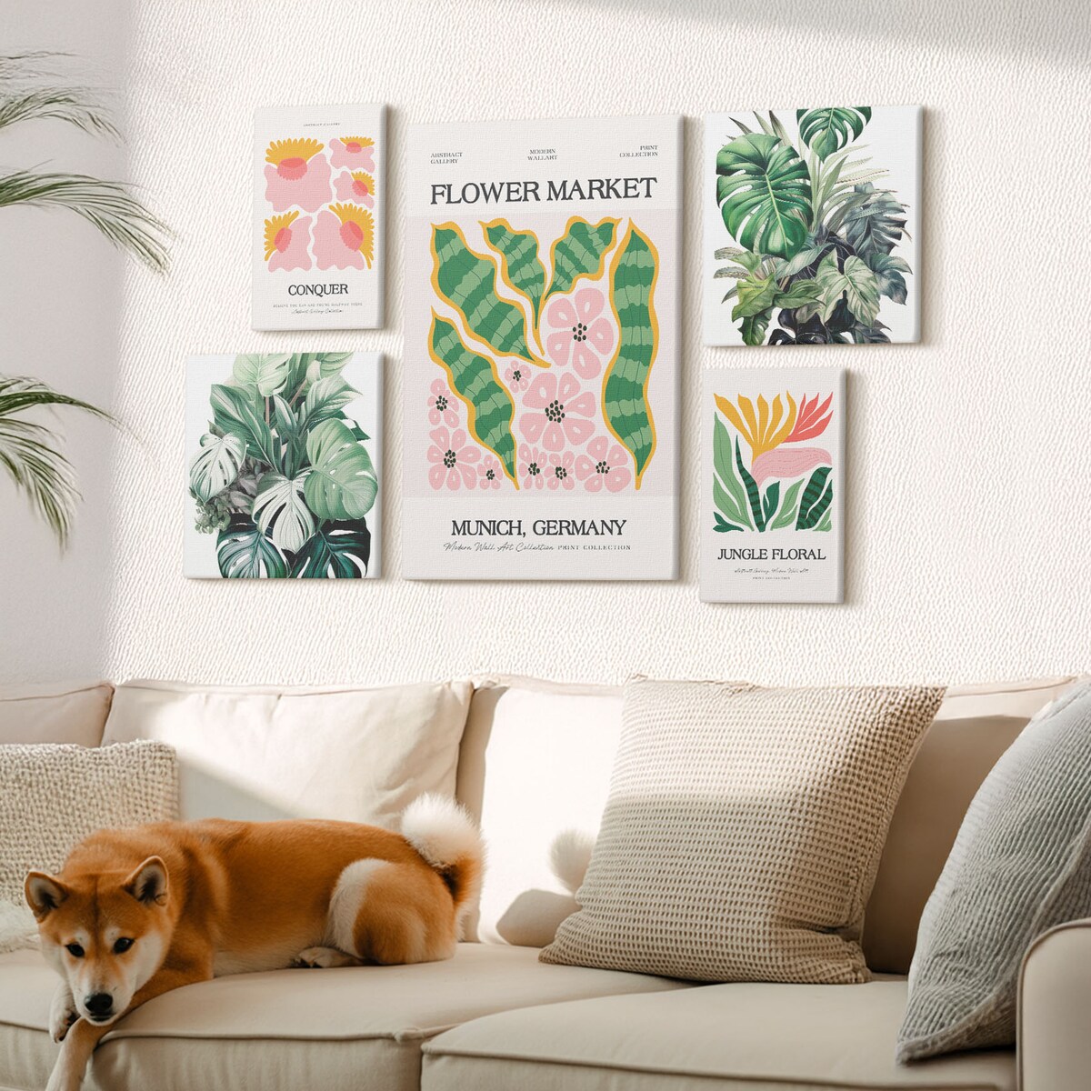 Zestaw 5 obrazów na płótnie - Roślinne motywy boho kwiaty - zielony