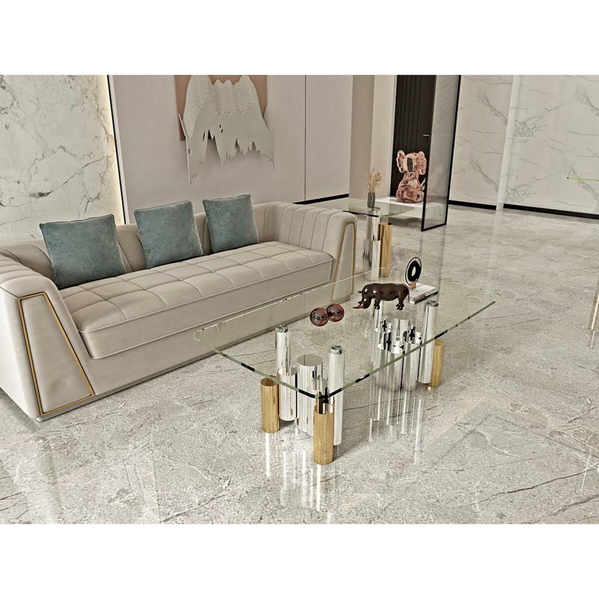 Stolik kawowy nowojorski złoto-srebrny / ława Mediolan Premium 130x70x40