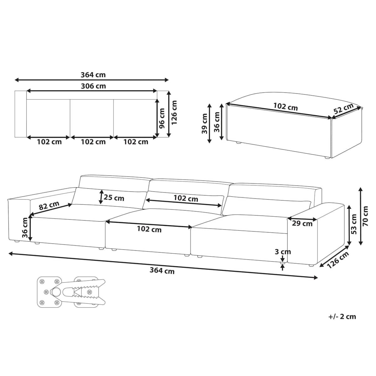 Sofa modułowa 3-osobowa z otomaną szara HELLNAR