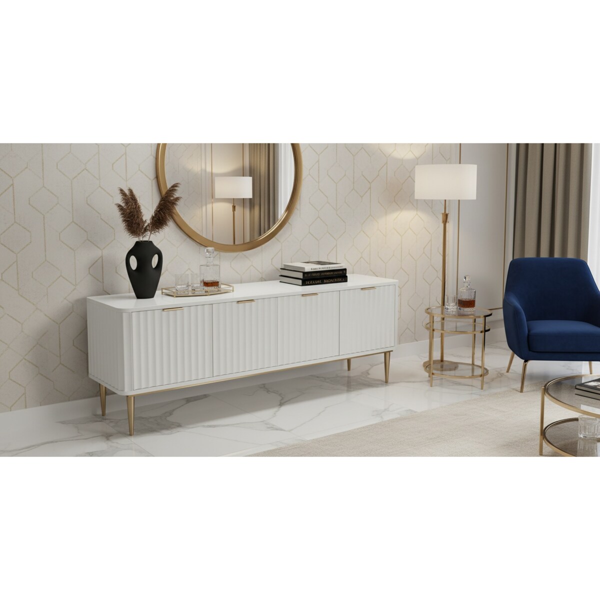 Ryflowana szafka RTV złota Livino Glamour Premium 200x40x55