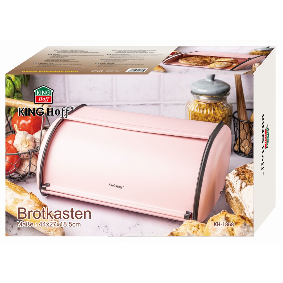 Chlebak stalowy duży 44cm różowy matowy pojemnik na chleb pieczywo bułki KINGHOFF