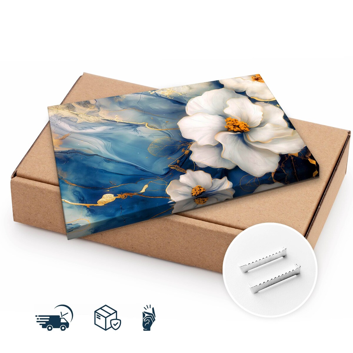 Obraz Do Salonu Białe Kwiaty Niebieski Marmur Glamour Abstrakcja 120x80cm