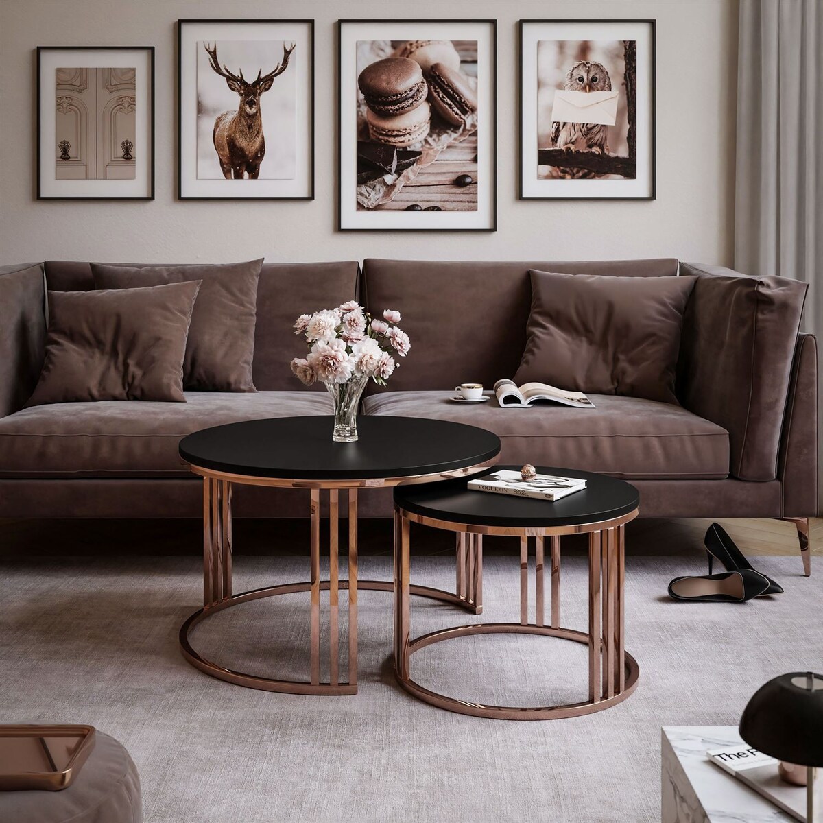 Zestaw stolików kawowych LORI 2w1 mat, miedziana podstawa, czarny mat