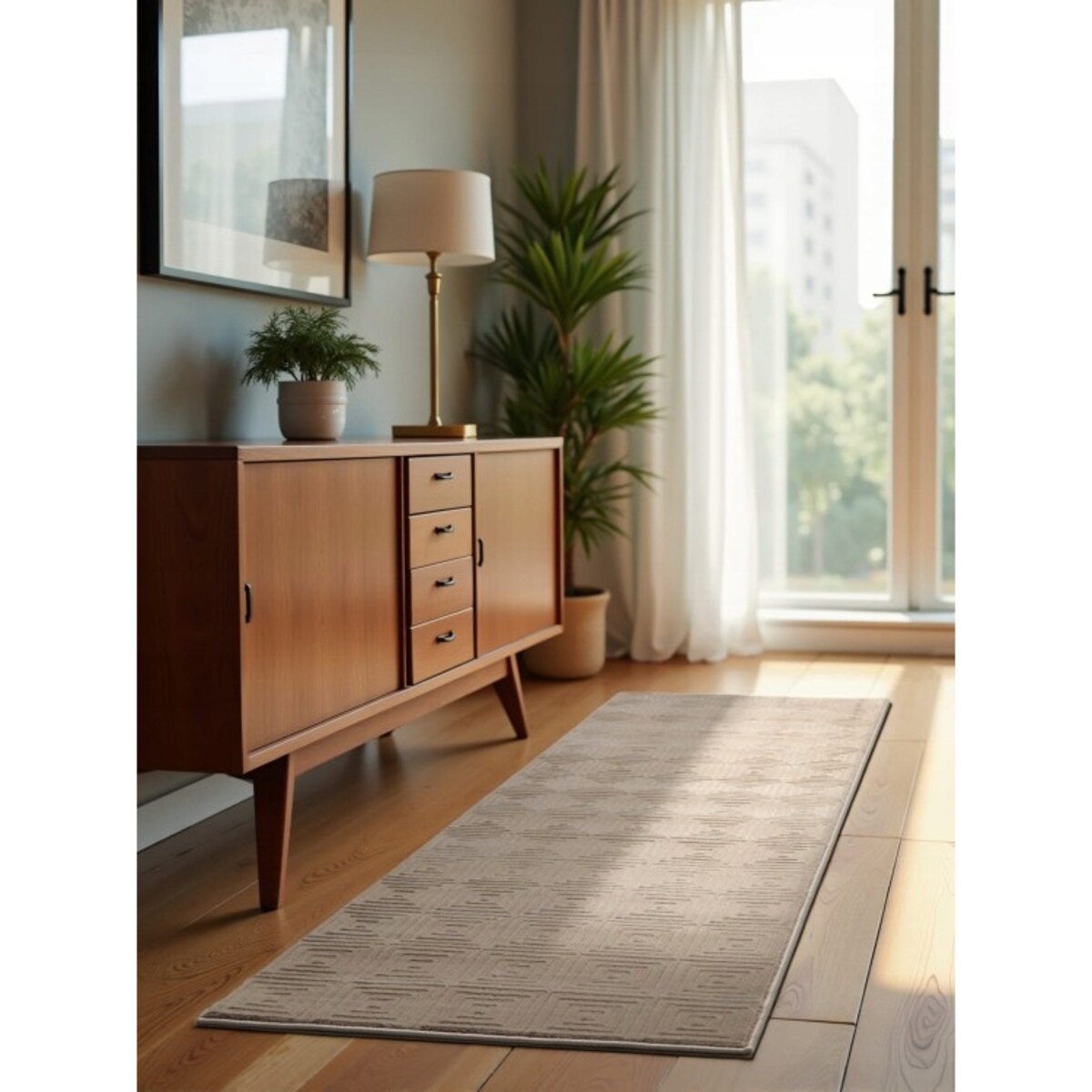 Chodnik pluszowy do korytarza 80x240cm, beżowy nowoczesny wzór boho