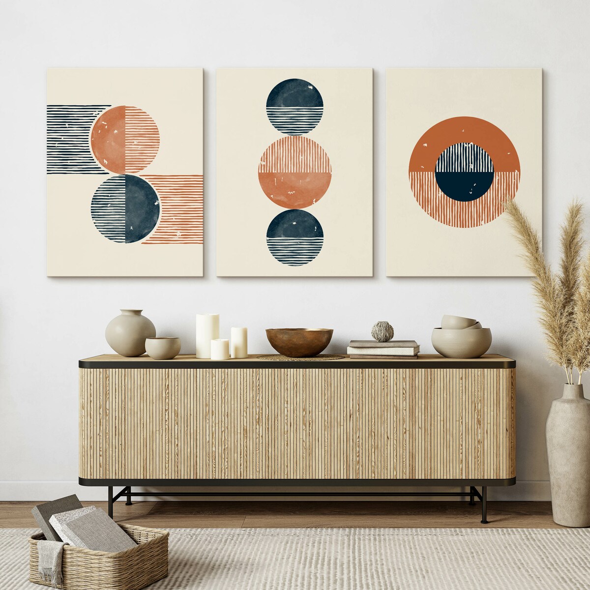 OBRAZY NA ŚCIANĘ SET ABSTRAKCJA STYL BOHO FIGURY GEOMETRYCZNE 90x40cm