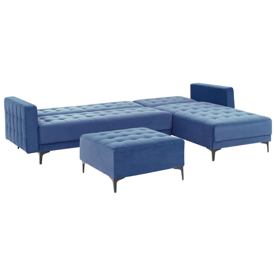 Sofa rozkładana lewostronna welurowa z otomaną niebieska ABERDEEN