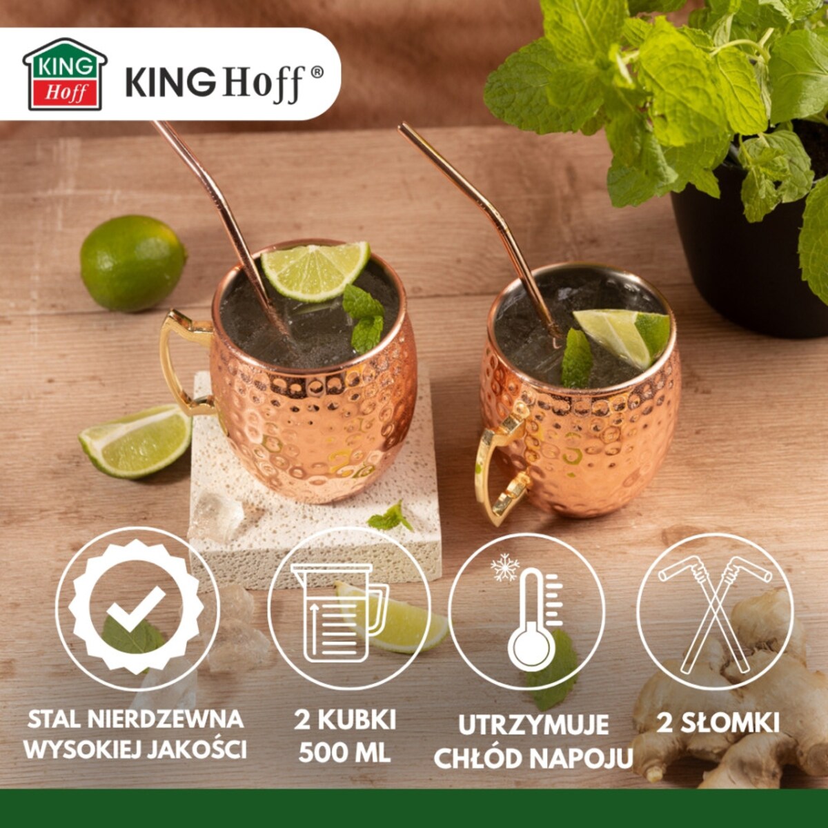 Kinghoff zestaw stalowych kubków 500ml do drinków Moscow Mule 64485