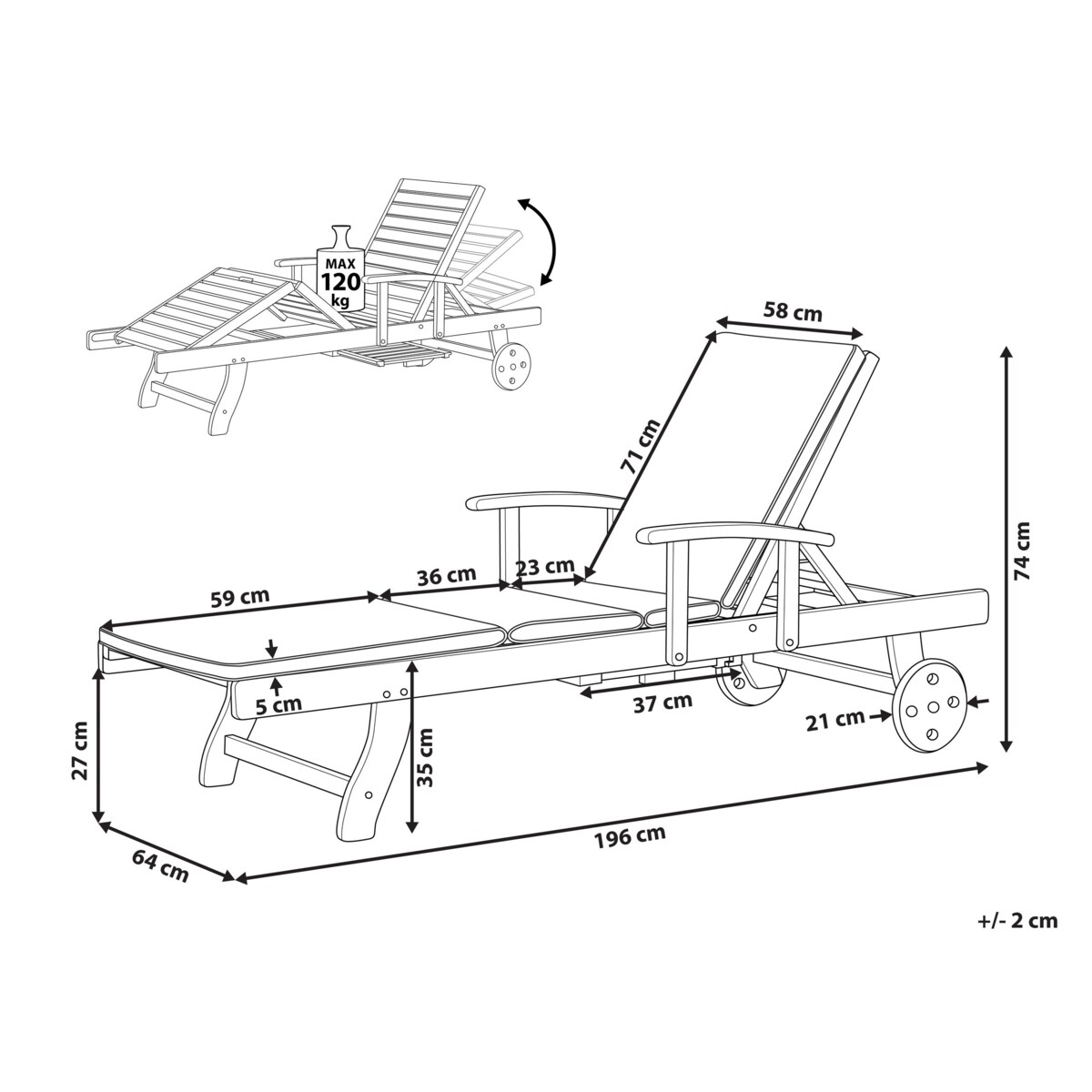 Leżak ogrodowy z poduszką JAVA PREMIUM Drewno akacjowe Jasnobeżowy