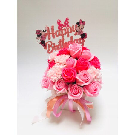 FLOWER BOX RÓŻOWE kwiaty MYDLANE na urodziny dziewczynki prezent MINNIE