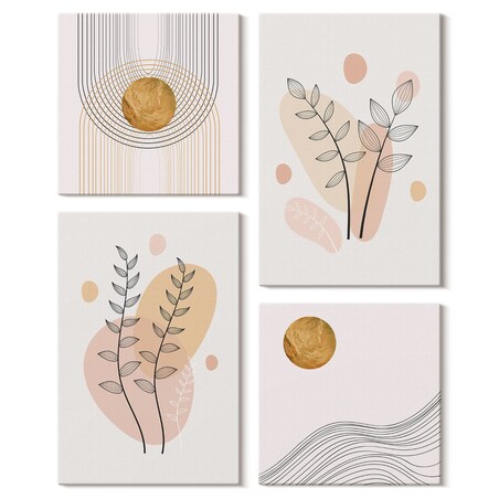 Zestaw 4 obrazów na płótnie - Minimalistyczne rysunki roślin - beżowy