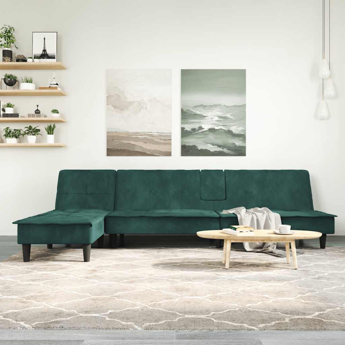 vidaXL Sofa rozkładana L, ciemnozielona, 255x140x70 cm, aksamit