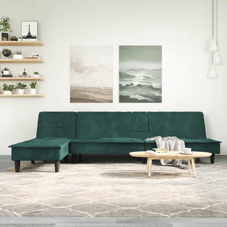 vidaXL Sofa rozkładana L, ciemnozielona, 255x140x70 cm, aksamit