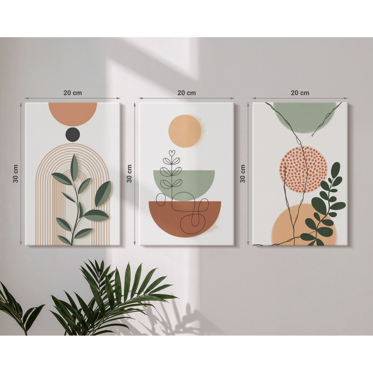 Zestaw 3 małych obrazów na płótnie - Abstrakcyjne roślinne kształty boho - beżowy