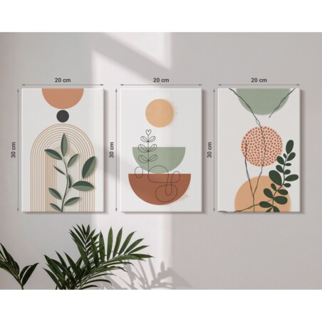 Zestaw 3 małych obrazów na płótnie - Abstrakcyjne roślinne kształty boho - beżowy