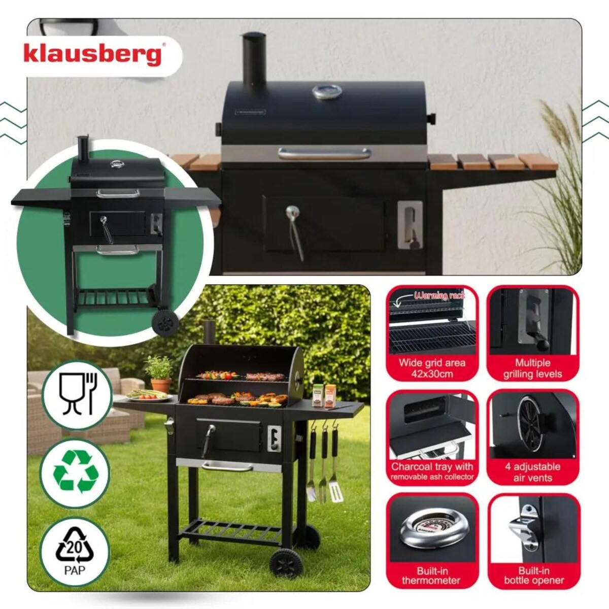 Grill ogrodowy duży węglowy z kominem termometrem czarny KLAUSBERG KB-9034