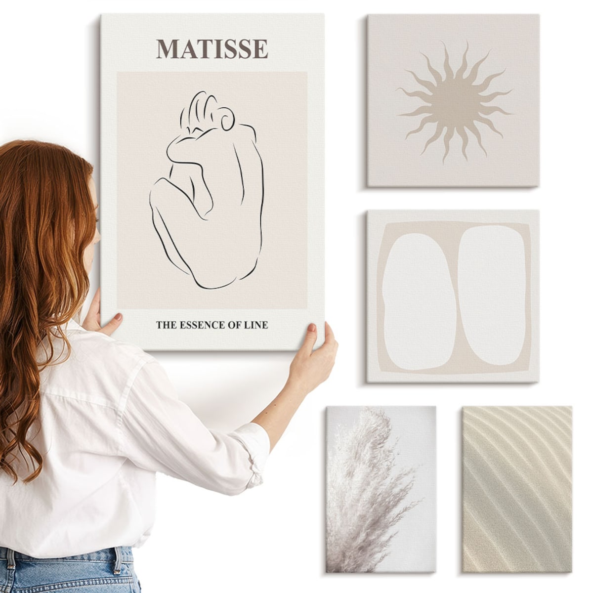 Zestaw 5 obrazów na płótnie - Styl boho minimalistyczne formy - beżowy