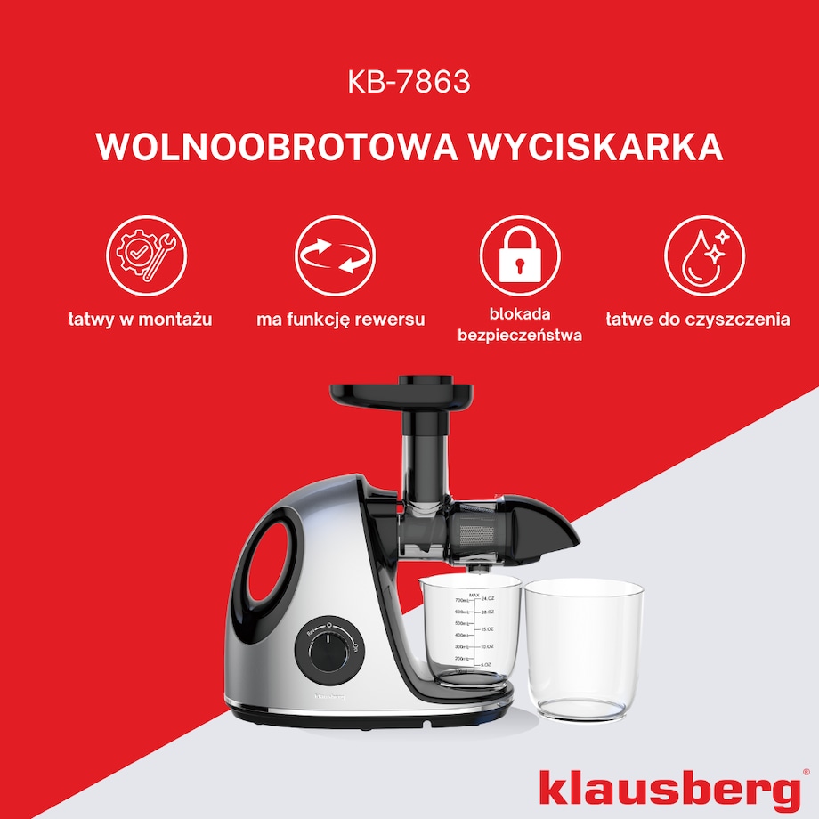 Sokowirówka wolnoobrotowa 150W do owoców i warzyw COLD PRESS KLAUSBERG KB-7863