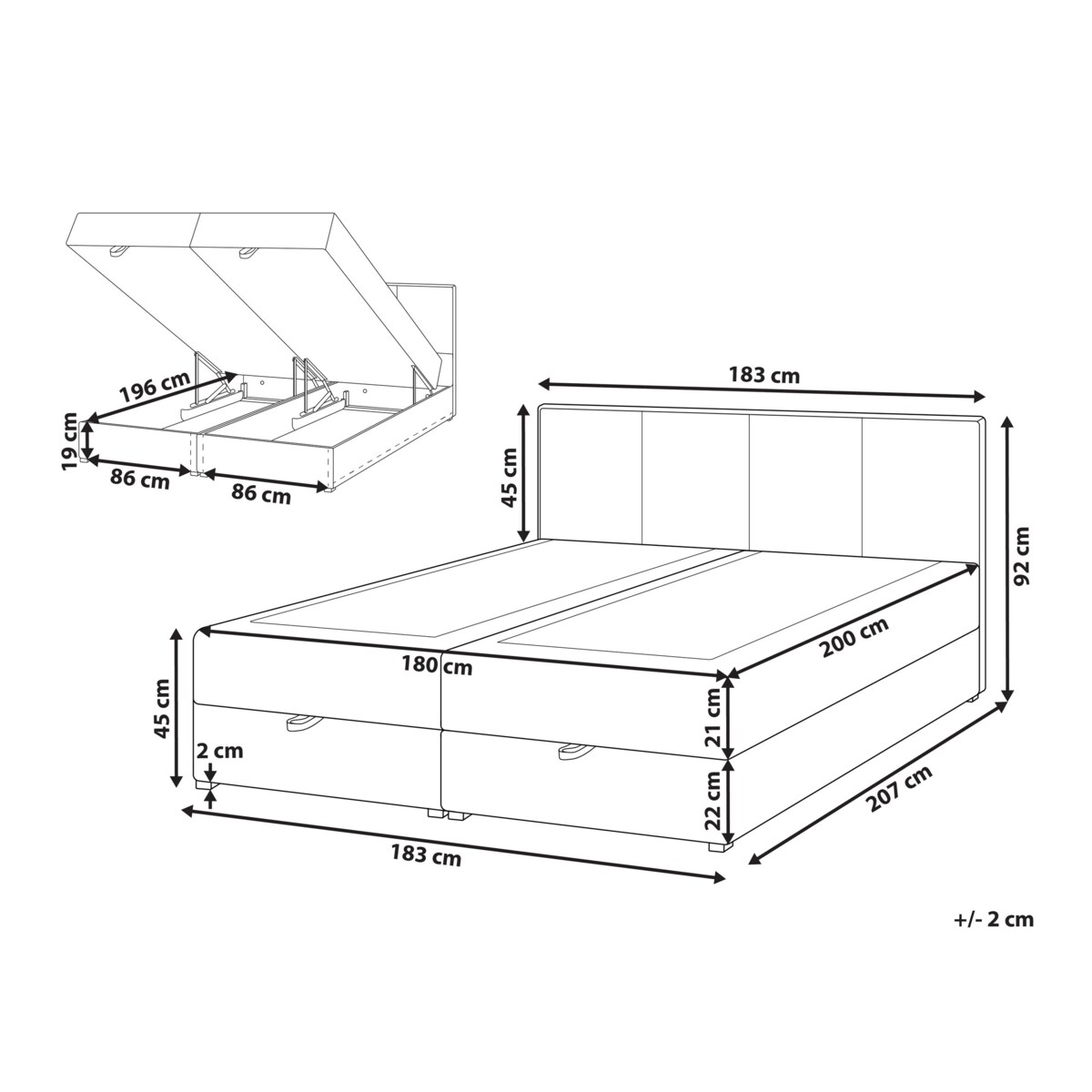 Łóżko kontynentalne z pojemnikiem BARONET 180 x 200 cm Złamana biel