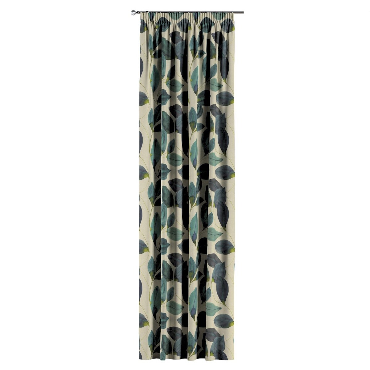 Zasłona na taśmie marszczącej 1 szt. 130x245 liście w kolorze szmaragdowej zieleni z fioletem na lnianym tle