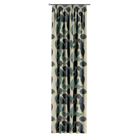 Zasłona na taśmie marszczącej 1 szt. 130x245 liście w kolorze szmaragdowej zieleni z fioletem na lnianym tle