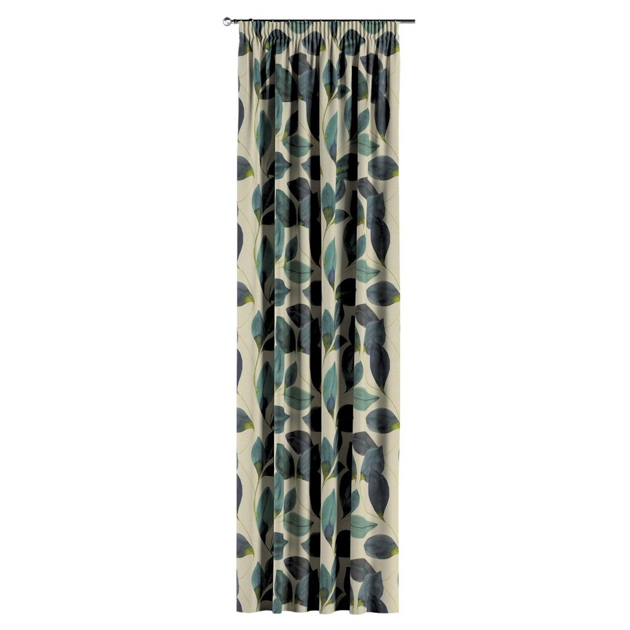 Zasłona na taśmie marszczącej 1 szt. 130x245 liście w kolorze szmaragdowej zieleni z fioletem na lnianym tle