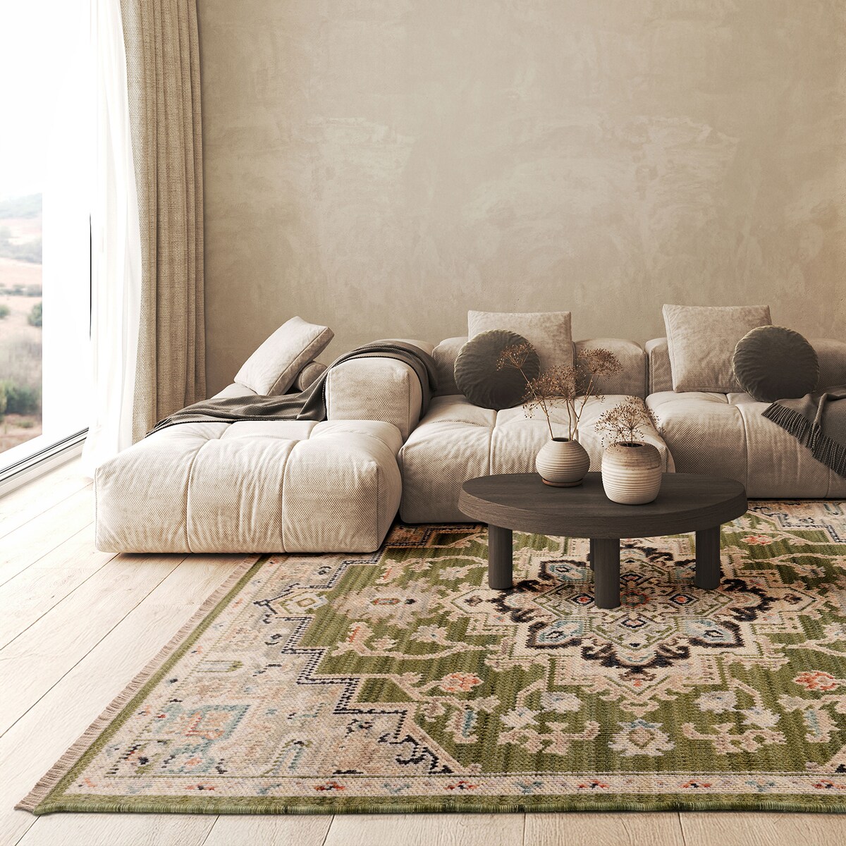 Dywan Wełniany Royal Wool 200x285 cm z frędzlami klasyk zielony