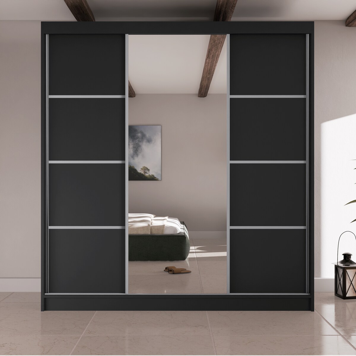 Szafa przesuwna Filo V200 z lustrem, srebrne szprosy na frontach -czarna