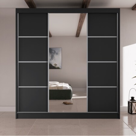 Szafa przesuwna Filo V200 z lustrem, srebrne szprosy na frontach -czarna