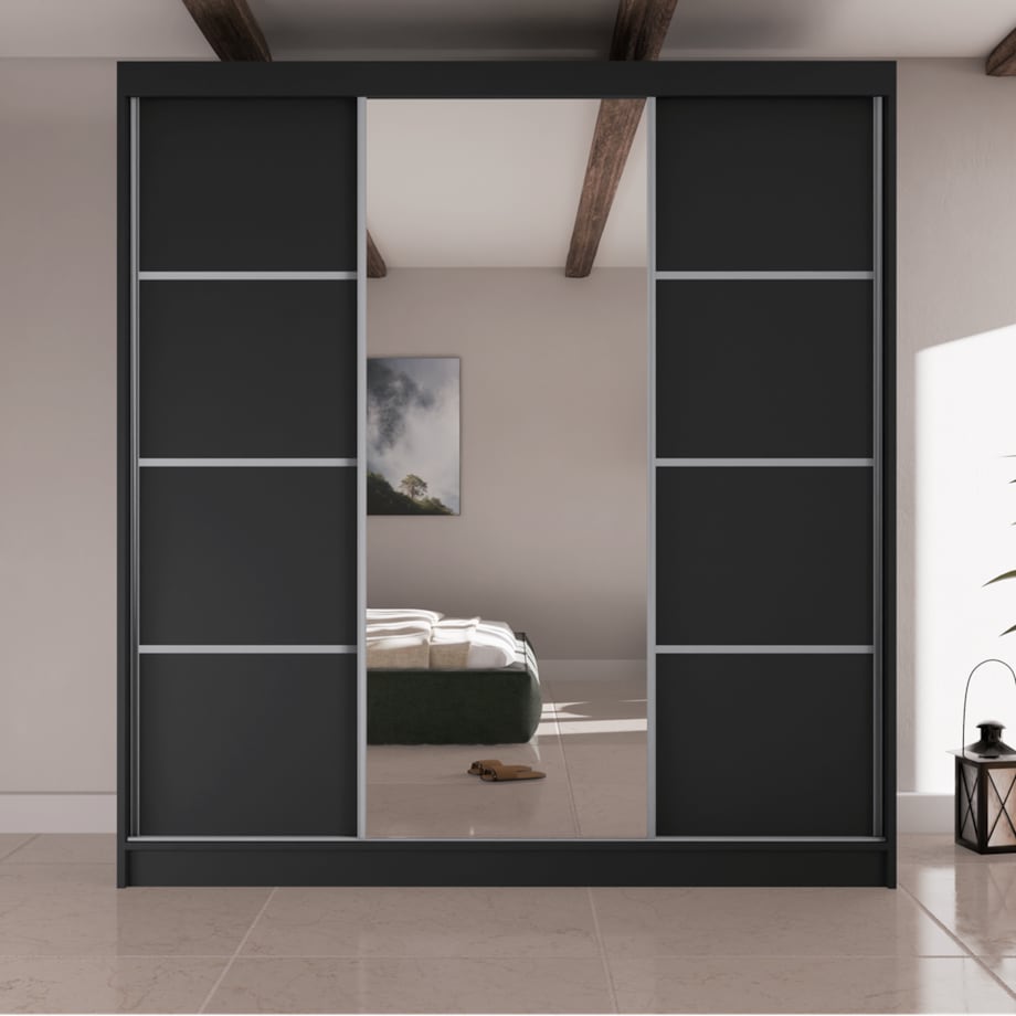 Szafa przesuwna Filo V200 z lustrem, srebrne szprosy na frontach -czarna